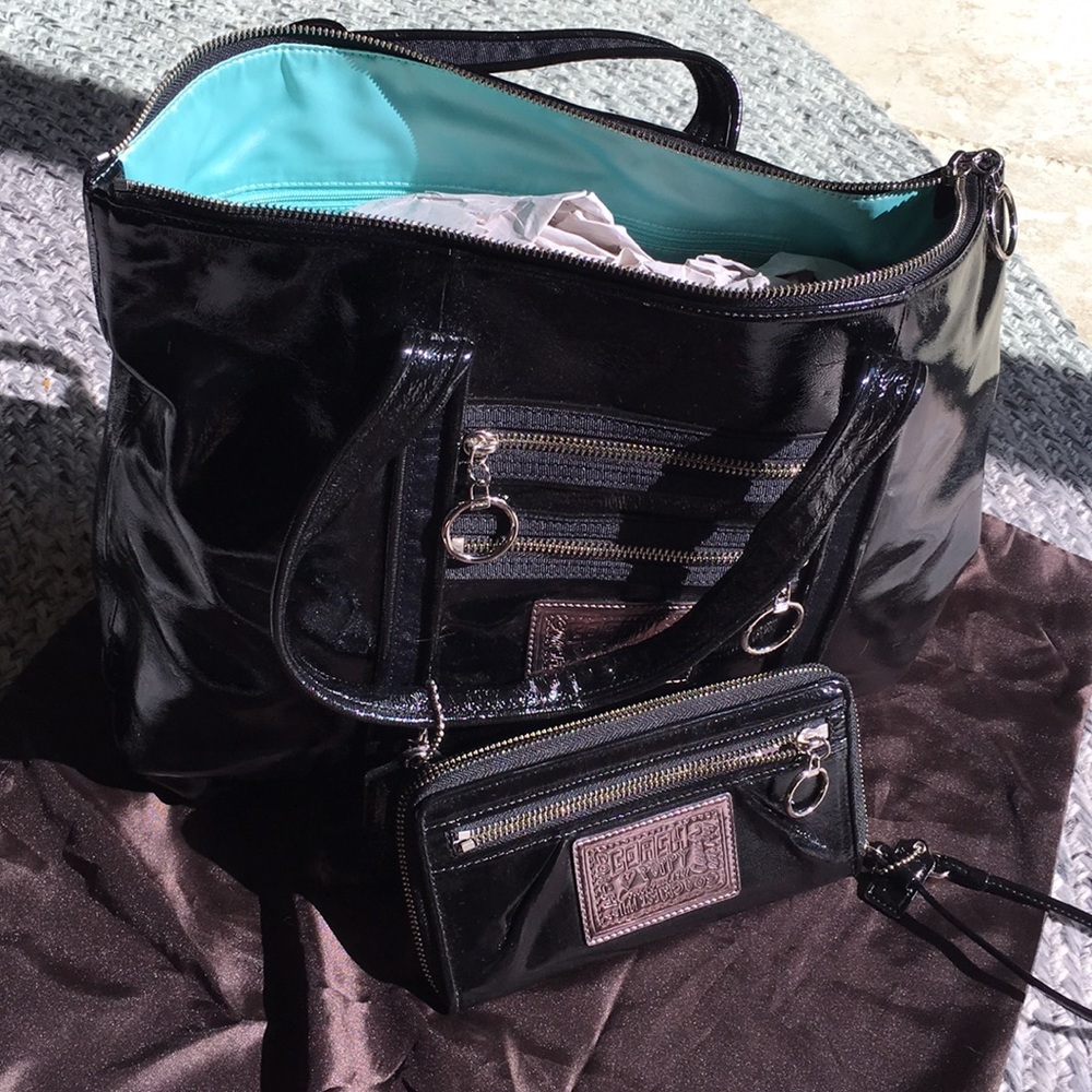 Coach black patent leather purse and wallet set